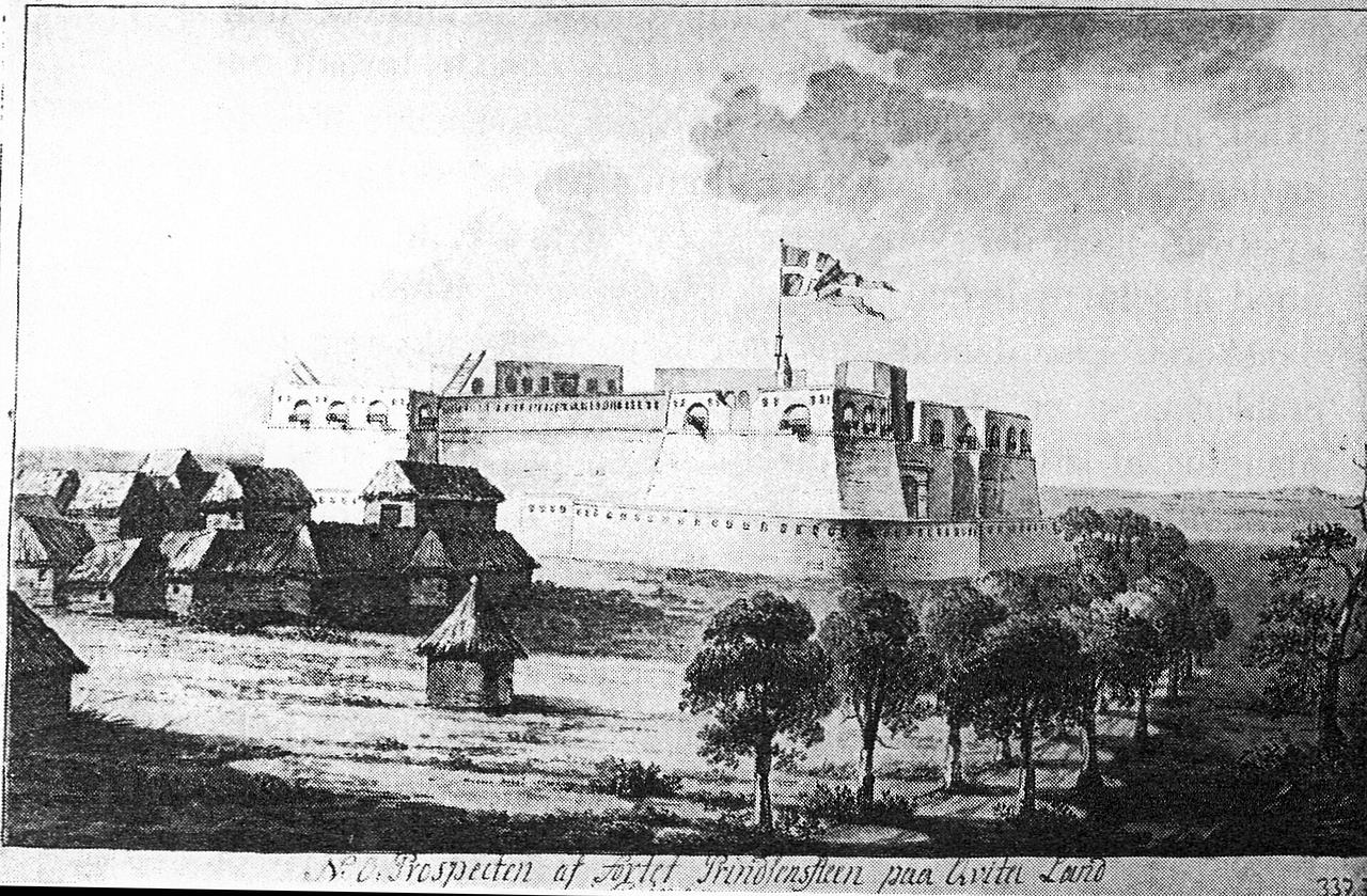 The North-Eastern view of the Danish fort Prindsensteen at Keta (today Ghana). The foundation stone for the fort was laid on 22 June 1784 by Governor Jens Adolf Kjöge. The fort was in Danish possession until 1850, then until the independence of Gh...
