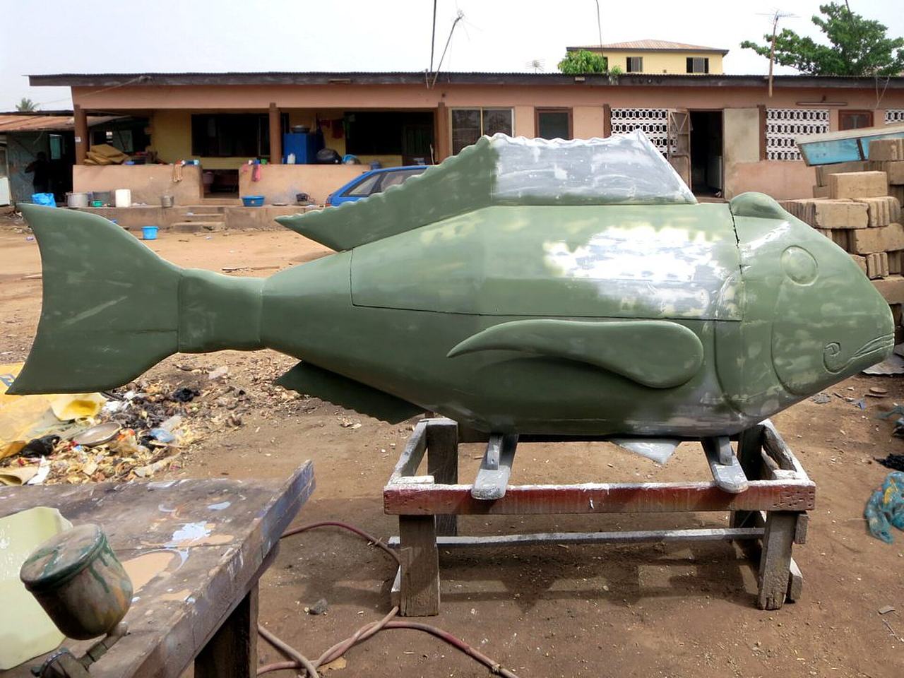 The family of a Ga fisherman may have ordered this fantasy coffin depicting a fish at the Kane Kwei Carpentry Workshop in Accra, Ghana.