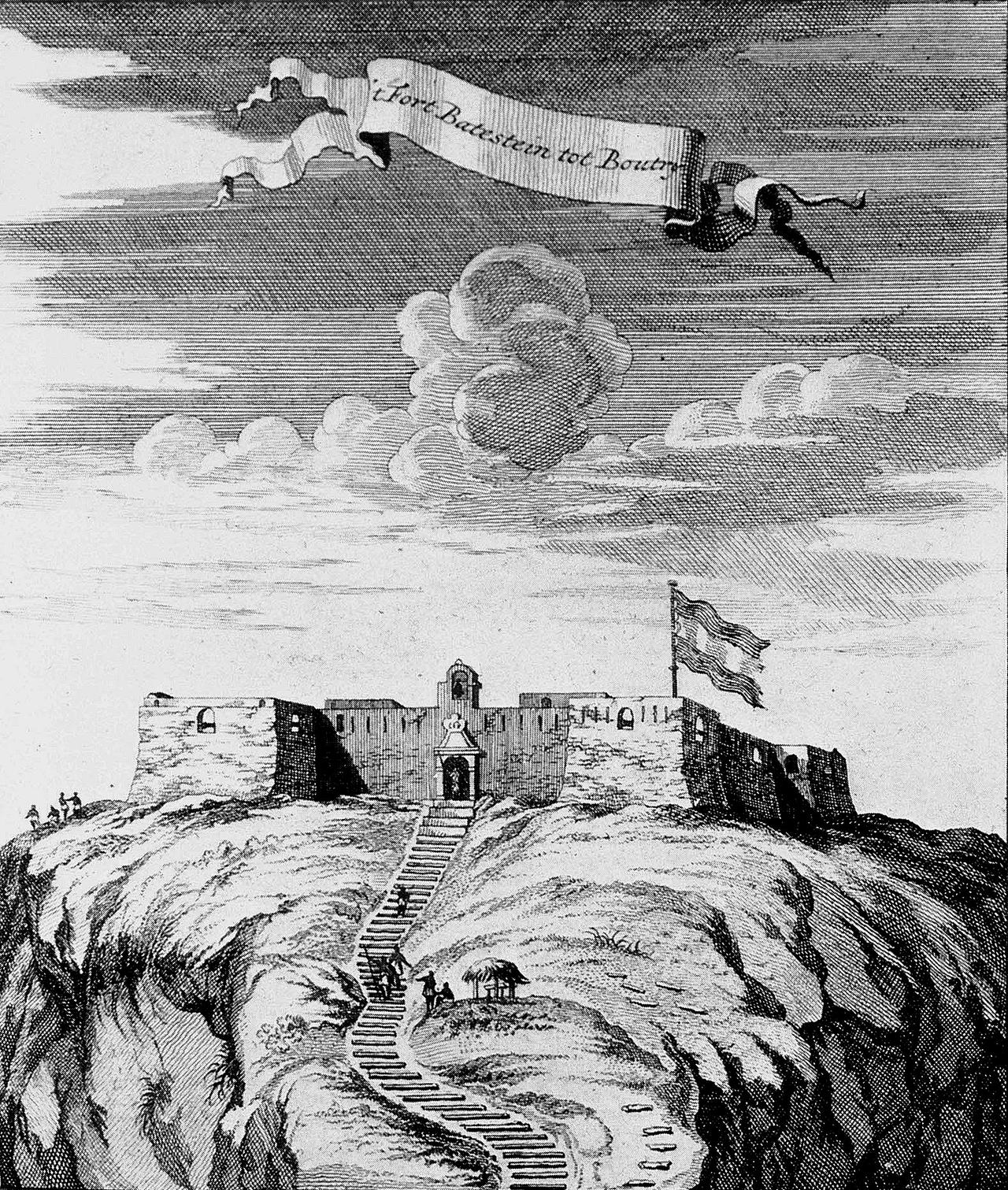 Fort Batenstein at Butre, Dutch Gold Coast, 1709. Lithograph.