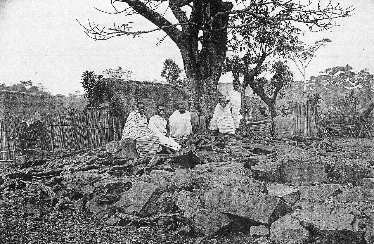 The village square of Amedzofe, with the chief (before the tree sitting in a white robe) and his advisers. The course is both assembly and playground.