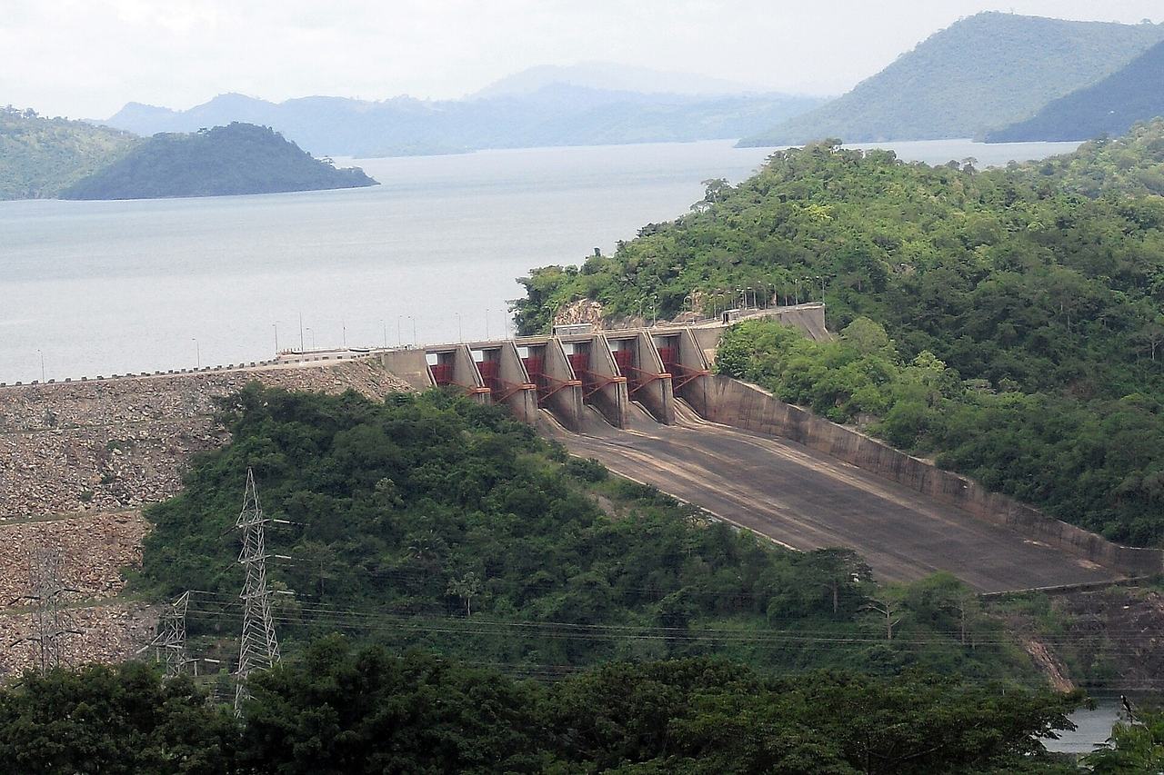One of two spillways of Akosombo dam with 6 floodgates in Ghana