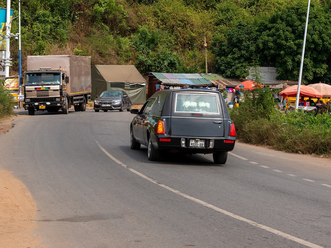 Cadillac hearse after crossing Adomi Bridge in Atimpoku, Ghana 