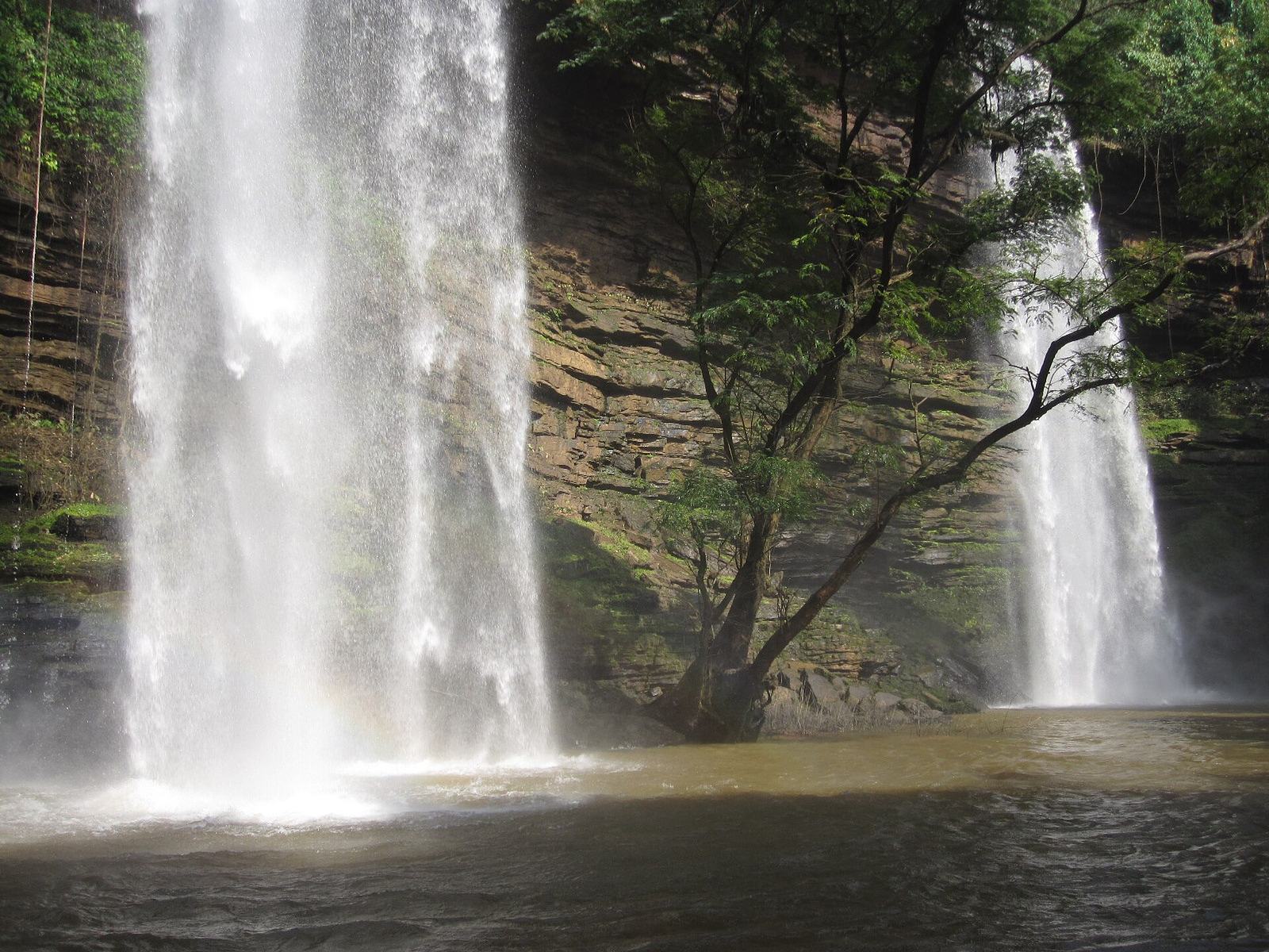 Twin waterfalls at Boti Falls descending into a rocky ravine surrounded by forest