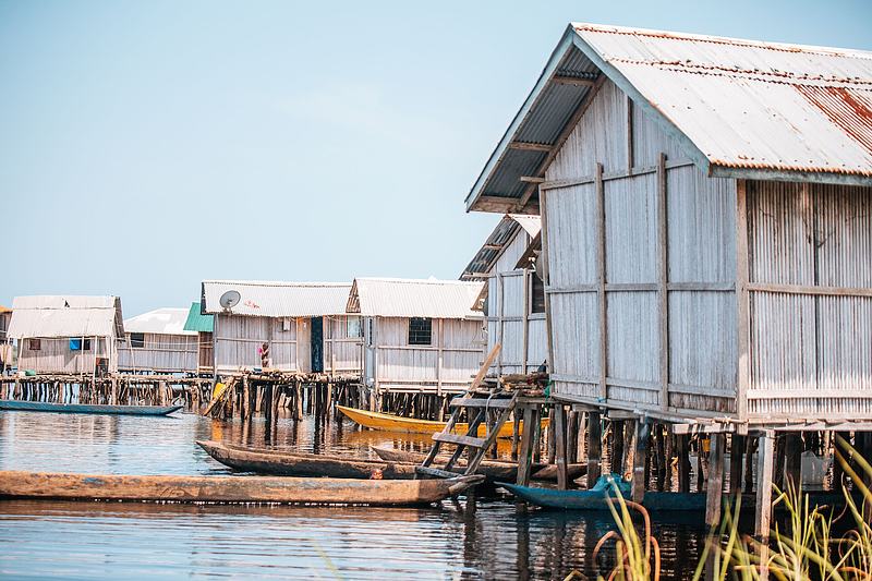 Wooden walkways and stilt structures at Nzulezo village, Ghana