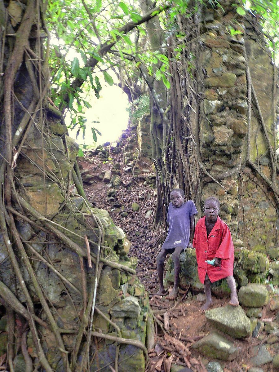 Overgrown stone ruins of Fort Dorothea at Akwidaa, Western Region, Ghana.