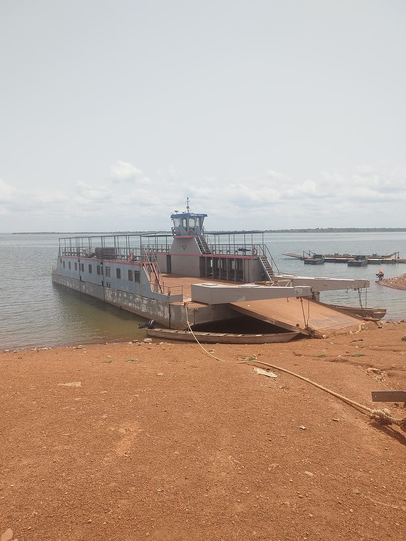 Photograph of the Ndewura Jakpa Ferry on the Oti River in Ghana.