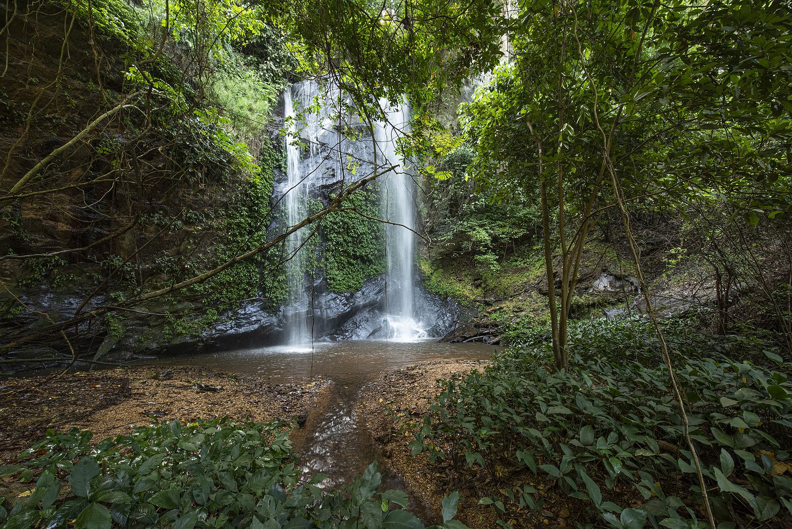 Waterfall cascading over rocks surrounded by forest near Shiare in Ghana's Oti Region.