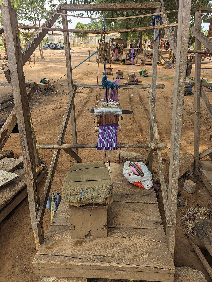 A wooden traditional kente loom at the Bonwire workshop in Ghana.