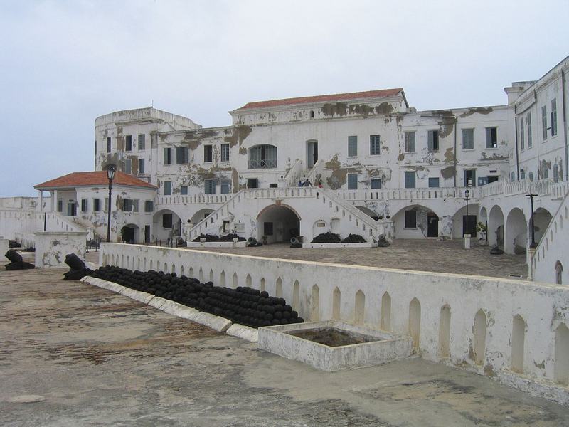 Exterior view of Cape Coast Castle, the coastal fortification in Ghana that houses a museum.