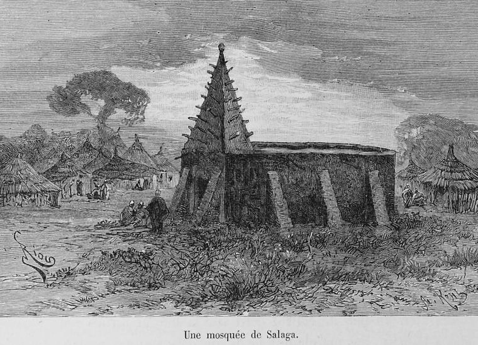 Historic 1892 illustration of a mud-brick Sudano-Sahelian mosque in Salaga, Ghana.