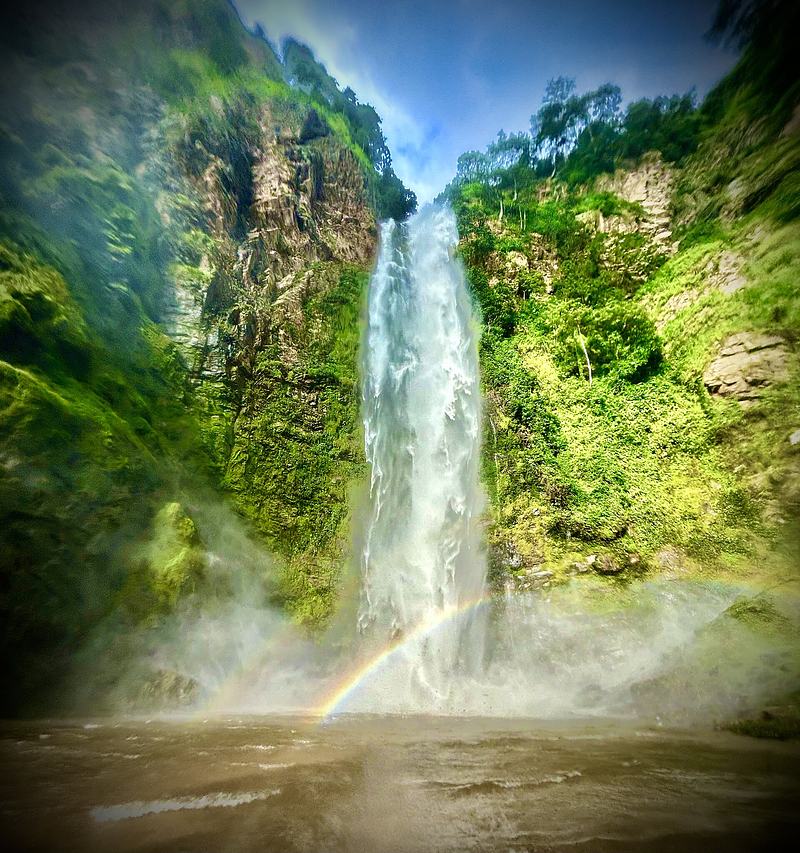 View of the Wli waterfall plunging down a vegetated cliff in Ghana.