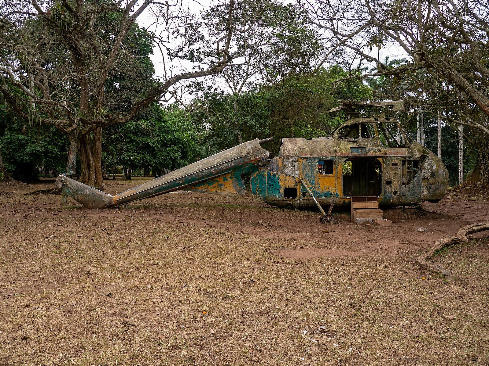 Retired Ghanaian military helicopter displayed in the Aburi Botanical Gardens