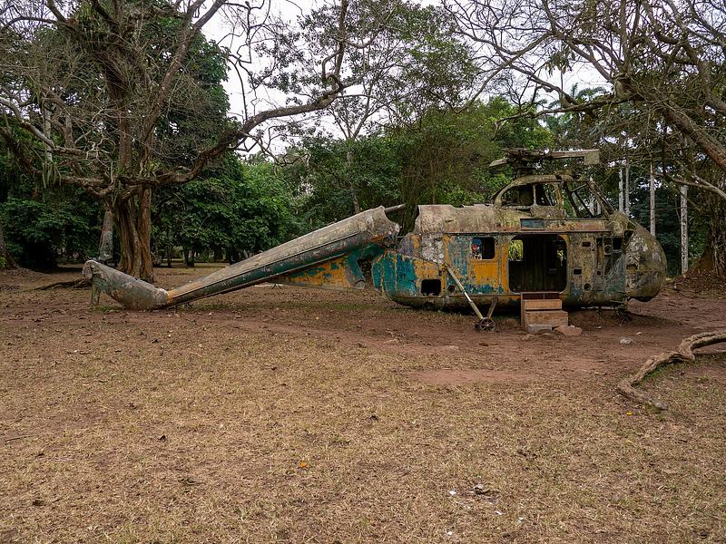 Retired Ghanaian military helicopter displayed in the Aburi Botanical Gardens