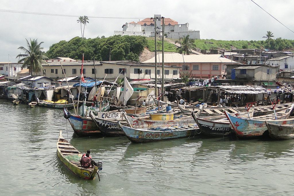 Perogues in Harbour with Fort St. Jago at Rear - Elmina - Ghana
