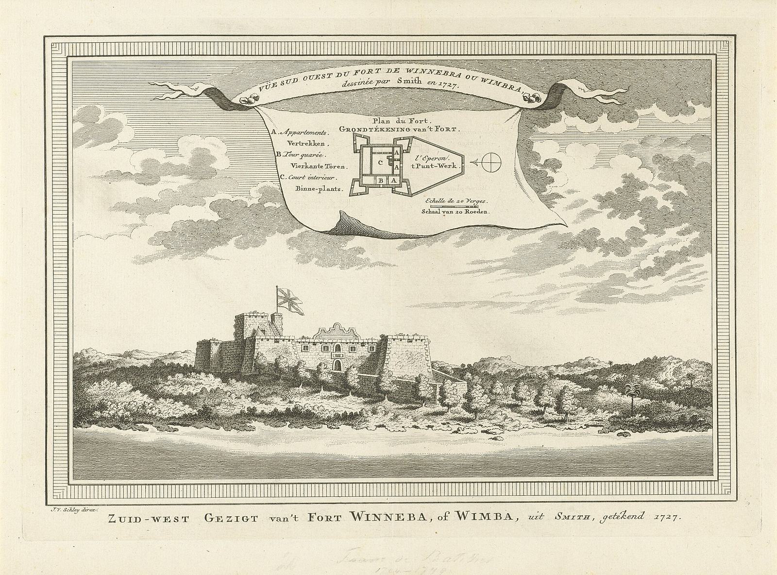 Zuid-West Gezigt van 't Fort Winneba, of Wimba, uit Smith, getekend 1727 Südliche Aussicht des Forts Dickse aus Smithen, Z.W. Gezigt van 't Fort Winneka Sudwestliche Aussicht von Williams Fort Chinesisches Leichenbegaen, RP-P-1910-2112